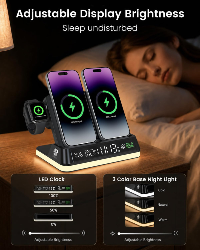 7 in 1 Wireless Charging Station with Auto-Sync Clock Sunset Night Light | Wireless Charger Stand for iPhone 17 16 15 14 Pro Max, Nightstand Charging Station for Apple Watch for AirPods, Indoor Temp