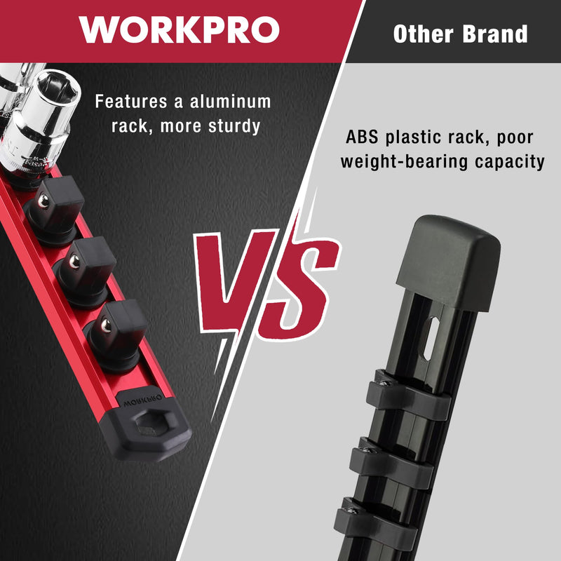 WORKPRO Magnetic Socket Organizer Set, 3-Piece Aluminum Alloy Socket Rail, Heavy Duty Socket Holder, Socket Rack Kit 1/4-Inch x 12 Clips, 3/8-Inch x 10 Clips, 1/2-Inch x 10 Clips (Red) 3 Pieces-1/4", 3/8", & 1/2" DR Red