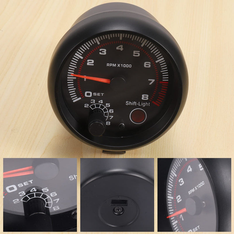 Universal 3.75" 12V White LED Backlit Tachometer Gauge with Red Shift Light for Auto Gasoline Car, 0-8000 RPM