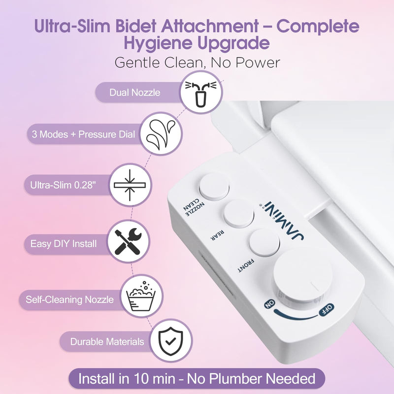 Jamini Ultra-Slim Detachable Bidet Attachment for Toilet – Non-Electric Cold Water, Self-Retraction Dual Nozzles, Step-less Pressure Dial, Dedicated Cleaning Mode, CA65 Certified Signature Dial – Top