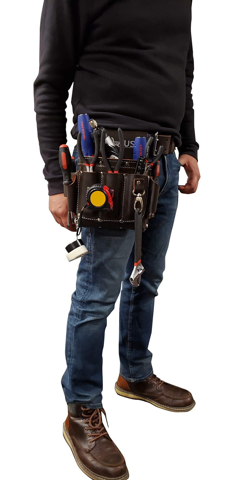 LAUTUS Top/Full Grain Leather Tool Pouch Bag | Electrician/Contractor, Electric Bag | 10 Pockets | 100% Leather Dark Brown