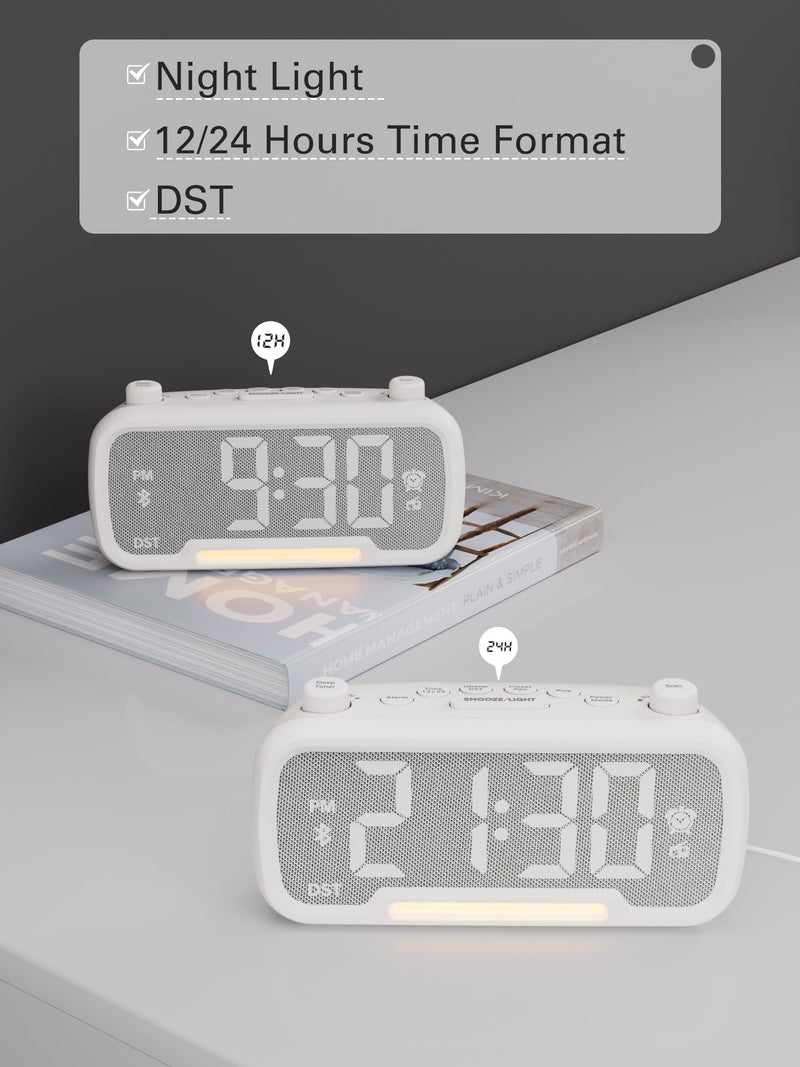 Mesqool Alarm Clock with Bluetooth Speaker, FM Radio, Alarm Clock for Bedroom with USB Chargers, Dimmer and 12/24H,Snooze,Battery Backup, Plugged in Clock Radio for Adult Kid White