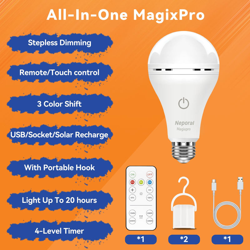 MagixPro Remote Rechargeable Light Bulbs, USB & Socket Charging, 1800mAh Battery, Dimmable LED Bulb for Hardwired & Non-wired Lamps Sconces, Touch + Remote Control, Wall Switch Compatible, 2 Pack 2 Pack 3 Colors
