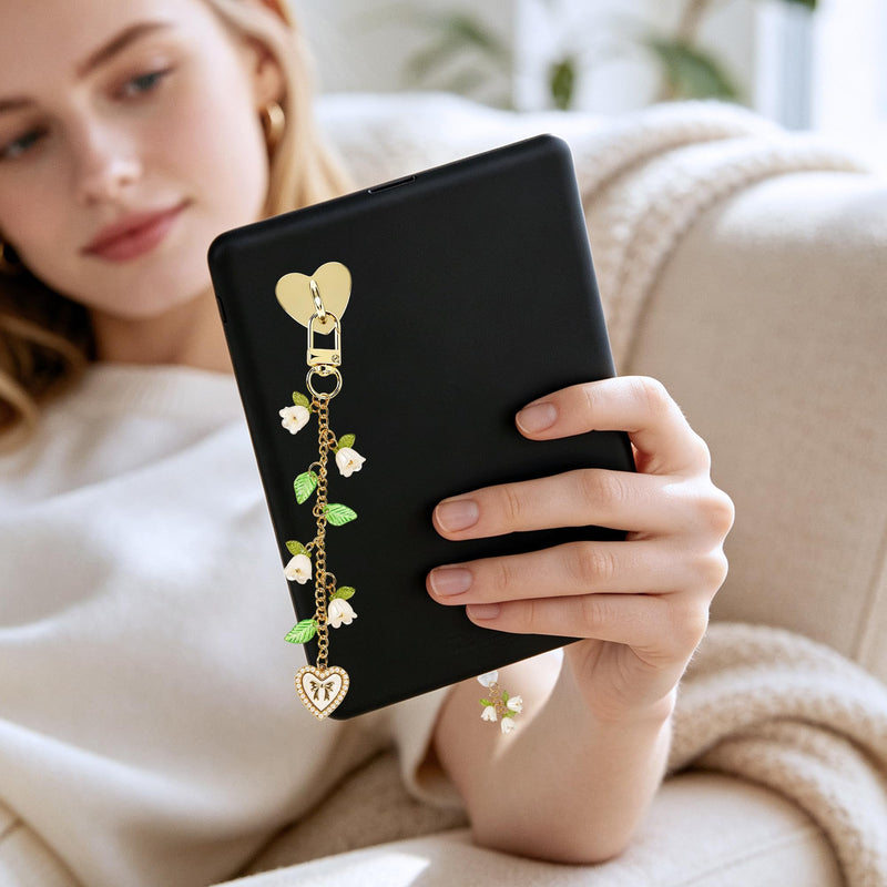 Mantveil E-Reader Charm Chain and Dust Plug Set, Lily of the Valley Flower Pendant Accessories for E-Reader, for Kindle, Nature Lover Gift Gold Lily Valley