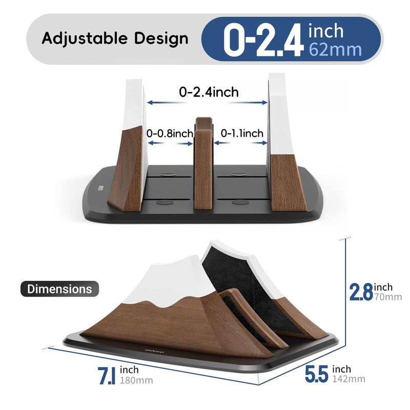 Vertical Dual Laptop Stand - Snow Peak-Shaped Walnut Adjustable Laptop Holder,2 Slots Desktop Dock Compatible with All MacBook, Surface,Chromebook,Dell & More(Walnut)