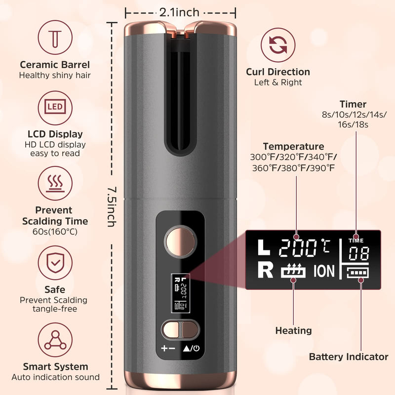 Cordless Hair Curler, Automatic Curling Iron Ceramic Rotating Hair Curler 6 Temperatures & Timer Settings 5000mAh Rechargeable Hair Curling Iron Wand Anti-Tangle for Home Salon Travel Use