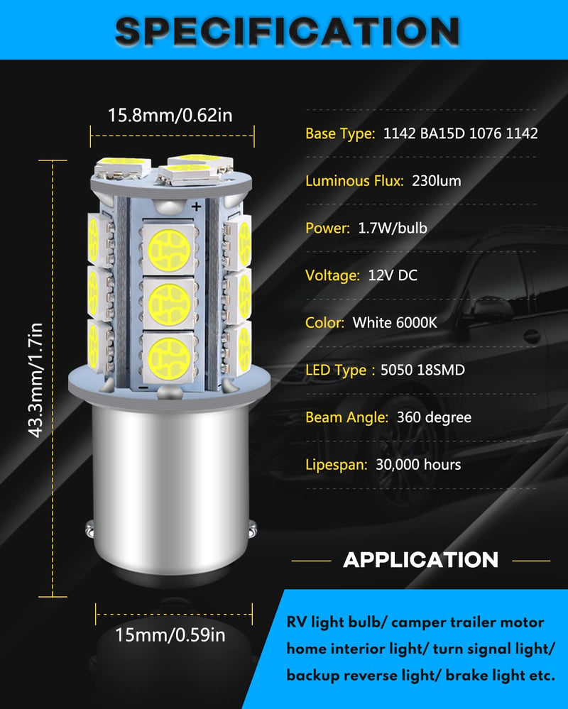 Qoope 6-Pack 1076 LED Bulb for RV, 1142 1004 BA15D White Light Bulb Replacement for 12V Camper Trailer Motorhome Boat Interior Light, 5050 18SMD Double Contact Bayonet,#90 Yard Landscape Bulb 6Pack