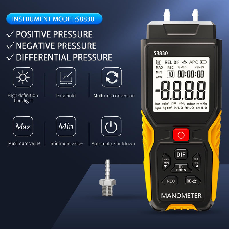 Digital Air Pressure Meter,+/-36.80kPa 147.7inH20 Dual-Port Manometer,Differential Pressure Gauge for air Conditioning Systems,Ventilation ducts,HVAC,Gas Pressure Tester