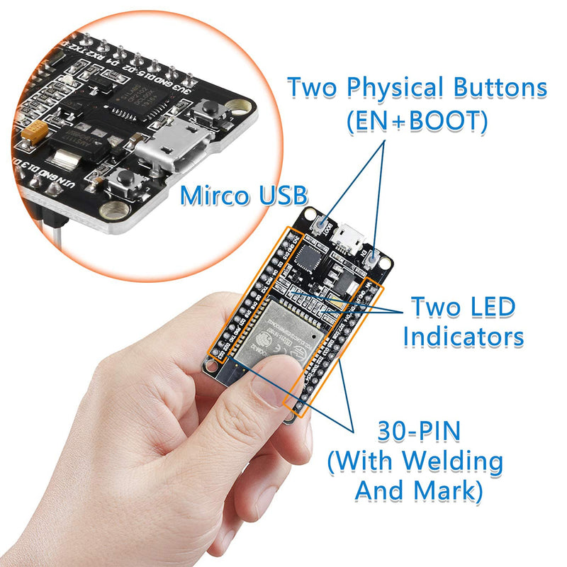 6-Pack ESP-WROOM-32 Development Board, Aideepen ESP32S Esp32 Development Board 2.4GHz Dual-Core Compatible with Arduin0, Nodemcu,and MicroPython (30PIN Micro USB) 6PCS