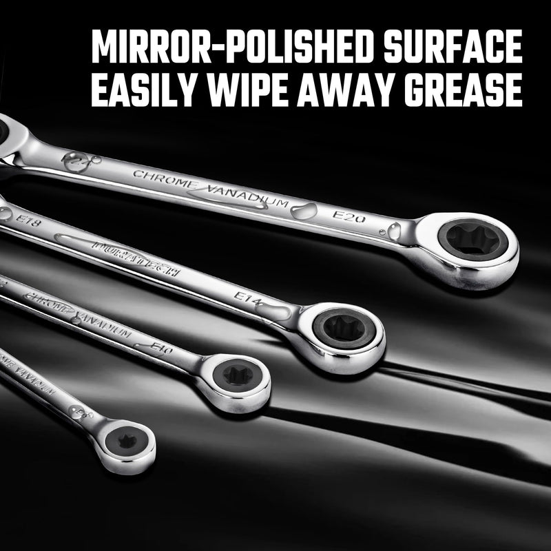 DURATECH 4-Piece E-Torx Wrench Set, Double Box End Ratcheting Wrench Set, Including E6 * E8, E10 * E12, E14 * E18 and E20 * E24, 72-Teeth, CR-V Steel, Mirror-Polished with Rolling Pouch