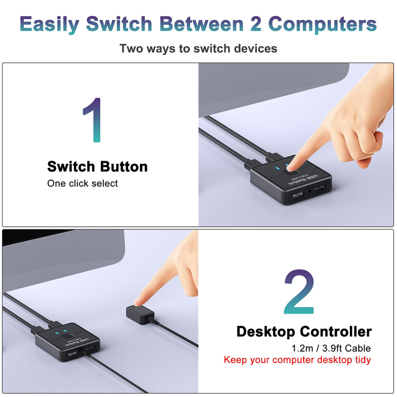 USB Switch 2 in 2 Out, USB Switcher 2 Computers Sharing Keyboard and Mouse | 2 USB 2.0 cables, External controller, Printer Splitter for 2 Computers