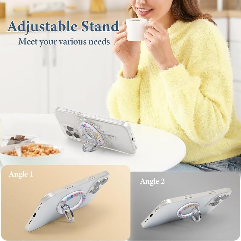 Magnetic Phone Ring for MagSafe Grip, Super Magnet Twinkle Design Ring Holder Stand, MagSafe Accessory for iPhone 17/16/15/14/13 Pro Max Plus，Enchanted Floral Twinkle Silver