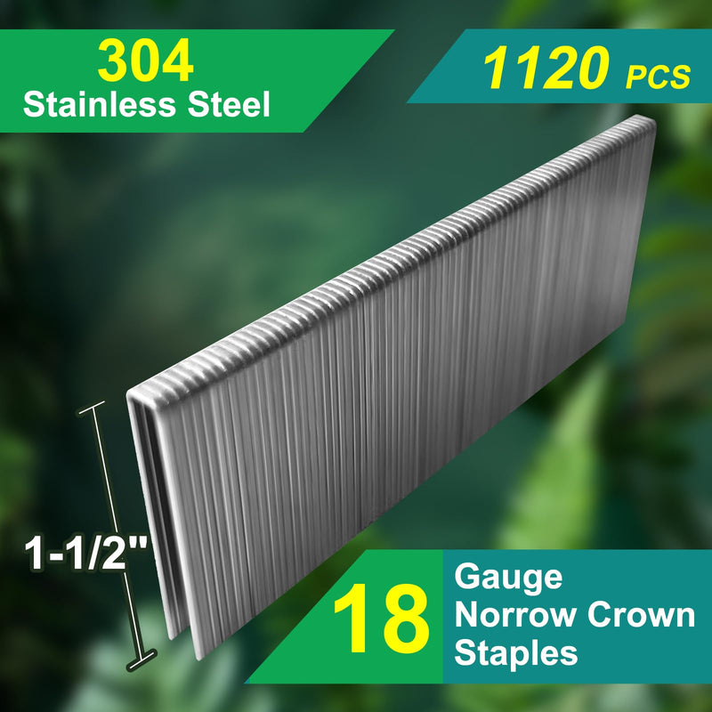 18 Gauge Norrow 1/4" Crown Staples 304 Stainless Steel 18 GA Staples for Pneumatic, Electric Stapler (1-1/2") 1-1/2"---1120 pcs