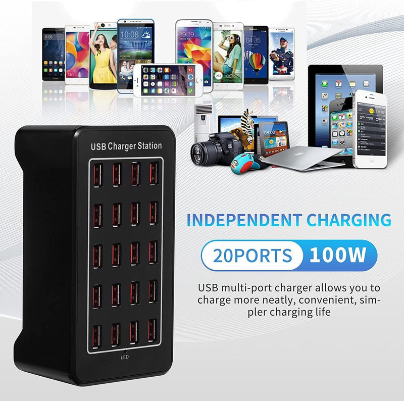 USB Charger, 100W(20A) Desktop USB Charging Station, 20-Port Multi-Function Smart Charger Kompatibel mit iPhone 11/12/13/14/15/16/Galaxy S24/S23/S22/S21/iPad/Tablets/Smartwatches/Headphones