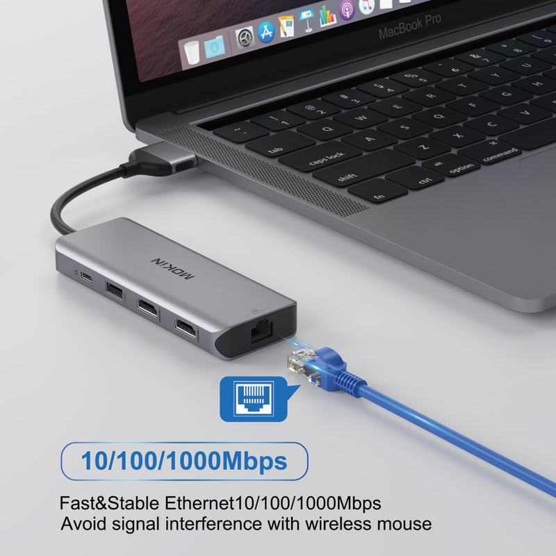 MOKiN MacBook Pro Docking Station Dual Monitor MacBook Pro/Air HDMI Adapter | 9 in 1 USB C Adapters for MacBook Pro Air Mac HDMI Dock Dongle Dual USBC to Dual HDMI,Ethernet,3USB,SD/microSD,100W PD grey