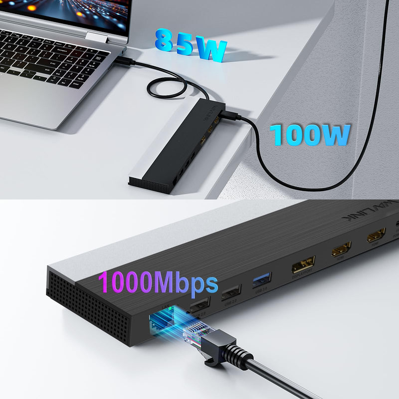 WAVLINK USB C Docking Station 3 Monitors for Windows with DP + 2X HDMI | USB-C Triple Display Laptop Dock with Dual 4K +1080P, PD 85W Charging, Gigabit Ethernet for Windows Laptop UMD03