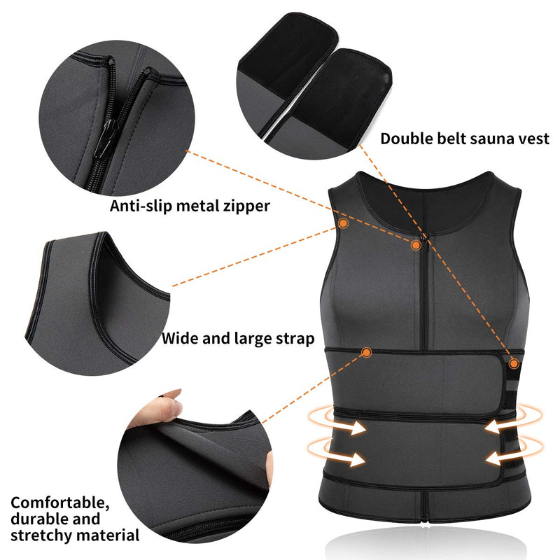SHAPERIN Men Neoprene Sauna Zipper Waist Trainer Vest Tank Top Trimmer Body Shaper Gray X-Large