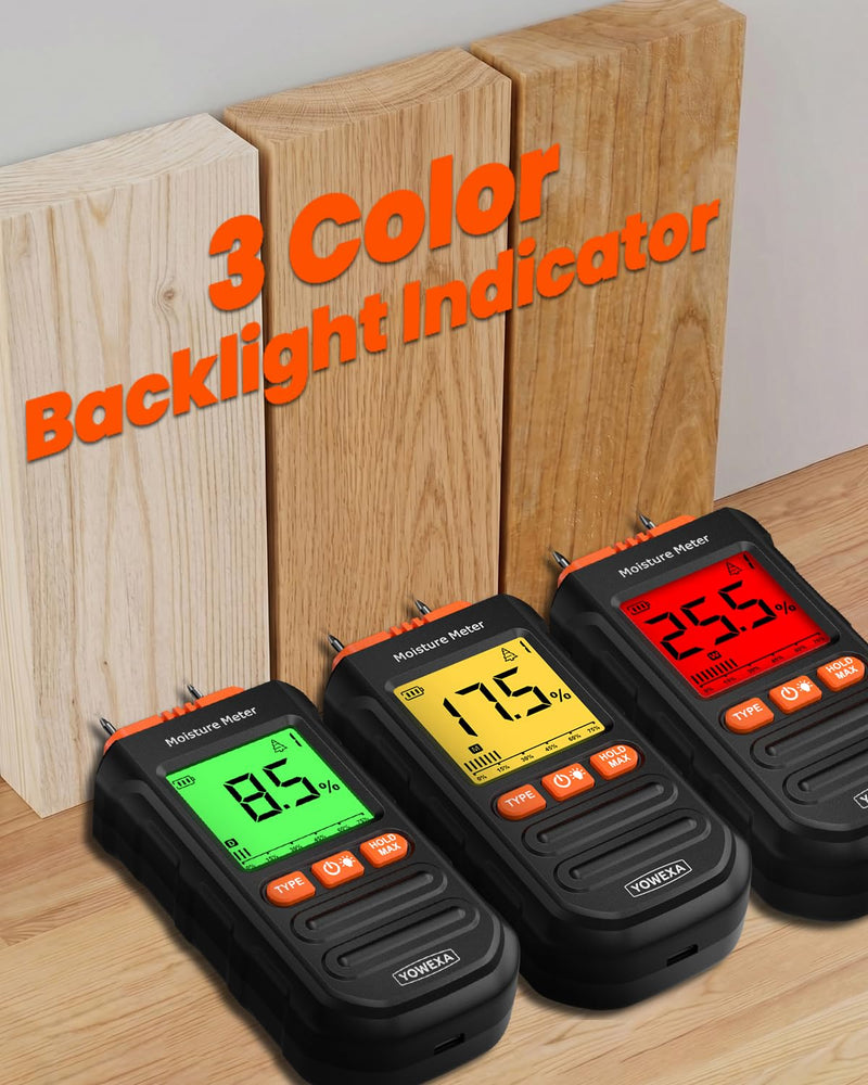 Pin-Type Wood Moisture Meter for Hardwood & Softwood | 7 Material Modes, Backlit LCD, Max/Min/Avg & Data Hold for Firewood, Lumber, Drywall & Selected Wall Materials