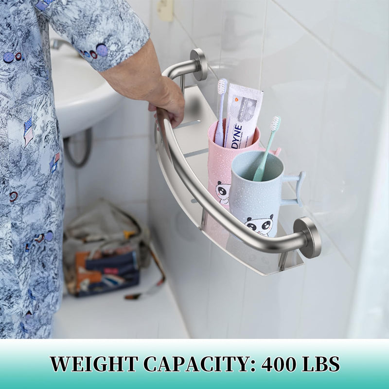 Brushed Nickel 18-inch Safety Grab Bar with Storage Shelf for Bathtub or Shower, Drainage Holes, Stainless Steel, Wall Mounted Grab Bars for Elderly Injured Balance Support 18 Inch Brushed Nickel