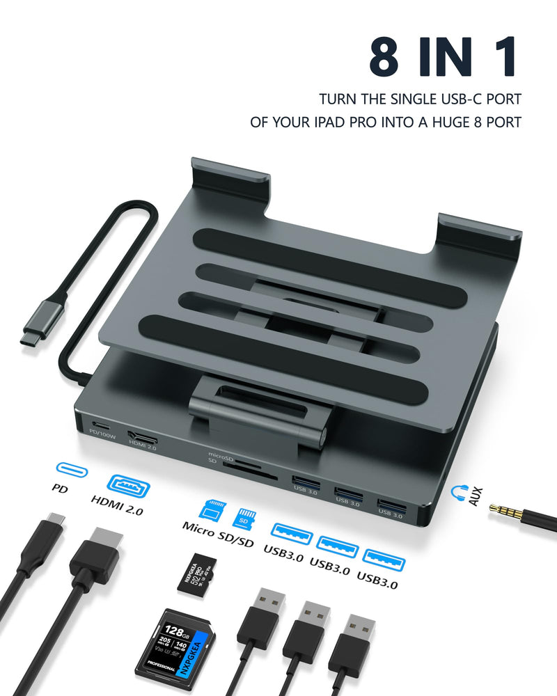 2026 iPad Pro USB C Hub Stand, Adapter for iPad Pro M5 M3 M4 13 12.9 11 Inch iPad Air Docking Station 4K 60Hz HDMI, SD/TF Card Reader, 3 USB 3.0 Port, 3.5mm Audio, iPad mini A16 Galaxy Tablet Dock