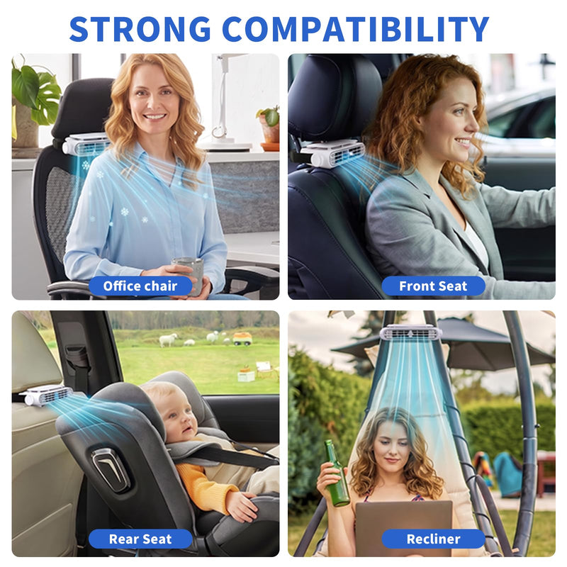 2pcs Car Backseat Fan with 3 Speeds, Portable Ventilation Unit, 3000mAh Rechargeable Battery, Angle Adjustable Carseat Cooler, Clip On Air Circulator, Ideal for Road Trips Camping Long Drives white