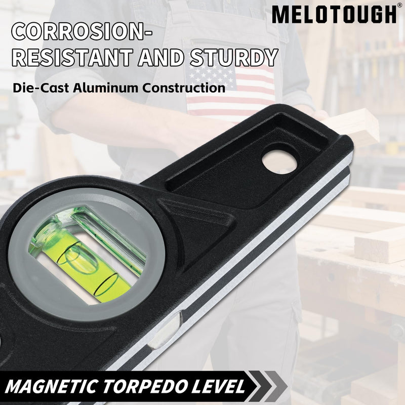 MELOTOUGH 10 Inch Die-Cast Magnetic Torpedo Level,Magnetic Level for Carpenter,Construction,Scaffolding, Plumbing,Torpedo Level with Rare Earth Magnet,Pencil and Holster,Black Black-1PCS