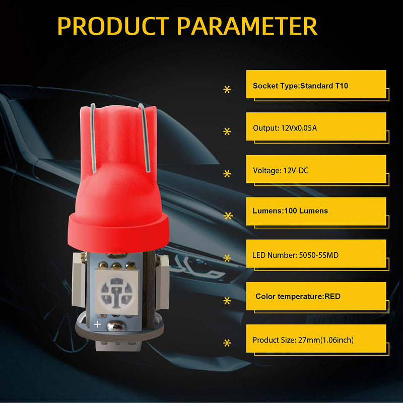 YM E-Bright 20-Pack 194 Led Bulb Red, 5050 5-SMD T10 194 168 W5W 2825 LED Bulb For Car Interior Lights Dome Map Trunk Clearance Dashboard License Plate Light Lamp DC 12V DC-12V