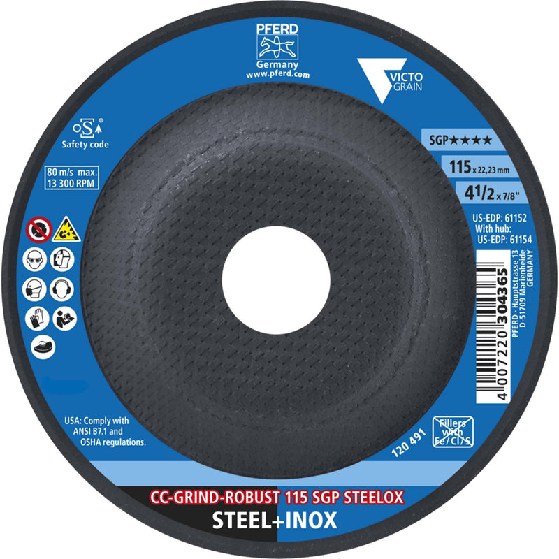 Pferd Tools CC-Grind-Robust Grinding Disc 4-1/2" x 7/8", Part 61152 | SGP STEELOX VICTOGRAIN® Ceramic, For Steel & Stainless Steel, 13,300 RPM, Pack of 10 4-1/2" x 7/8" Arbor Hole