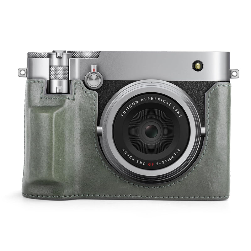MUZIRI KINOKOO Fuji GFX100 RF Case, Genuine Leather Protective Half Case Compatible for Fuji GFX100 RF/GFX100RF Digital Camera - with Opening Bottom and Hand Grip Design - Green