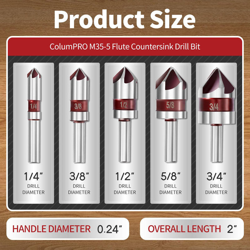 5PCS Cobalt 5-Flute Countersink Drill Bit Set - Heavy-Duty M35 82-Degree Countersink Chamfer Tool Set for Metal,Stainless Steel,Copper,Wood,Fiberboard,Plastic,SAE 3/4”,5/8”,1/2”3/8”,1/4” 5PCS