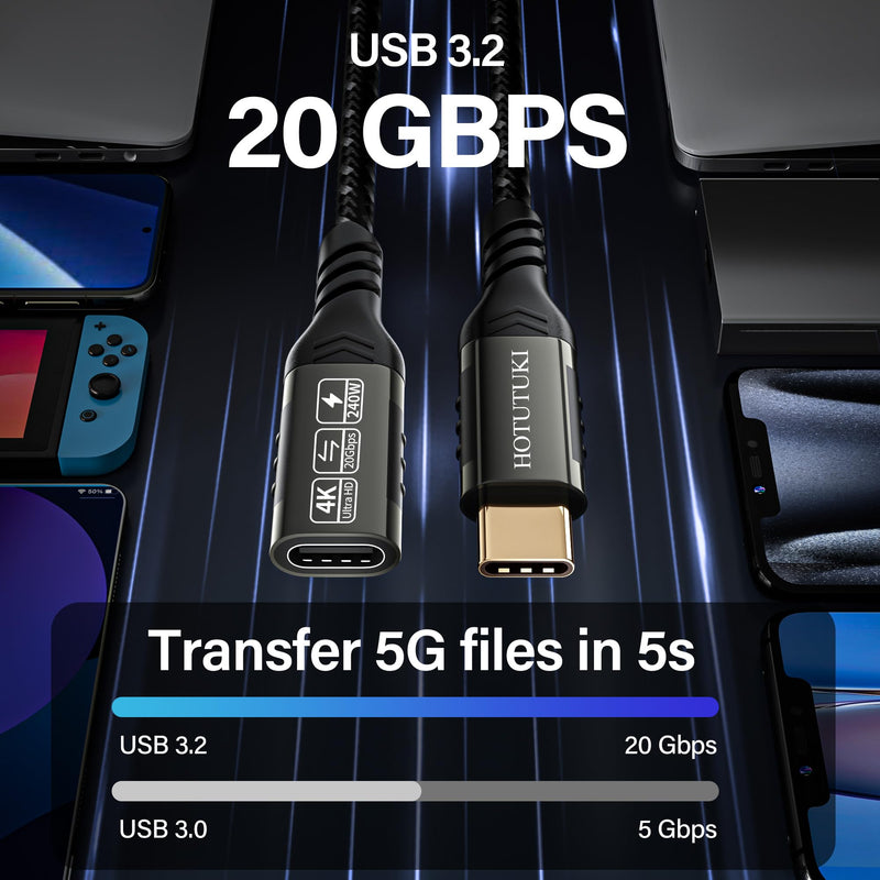 short type c extension cable 1.65ft/0.5M,240W PD Fast Charging 20 Gbps usb c 3.2 gen 2 extension cable ,c cable male to female, Compatible with laptop, docking station, charger extension cable 1.65 ft