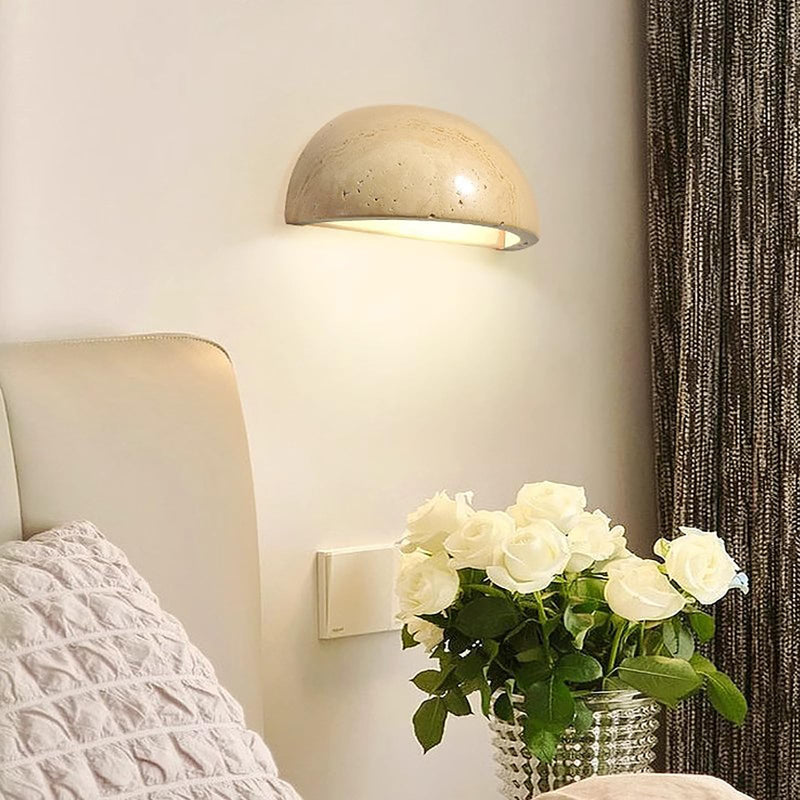 Wabi Sabi Art Lighting Fixture, Modern Marble Semi Circle Yellow Travertine Wall Sconce, Japanese Style Natural Stone Lampshade Bedside Wall Light for Bedroom Kitchen Foyer Entryway Stairs