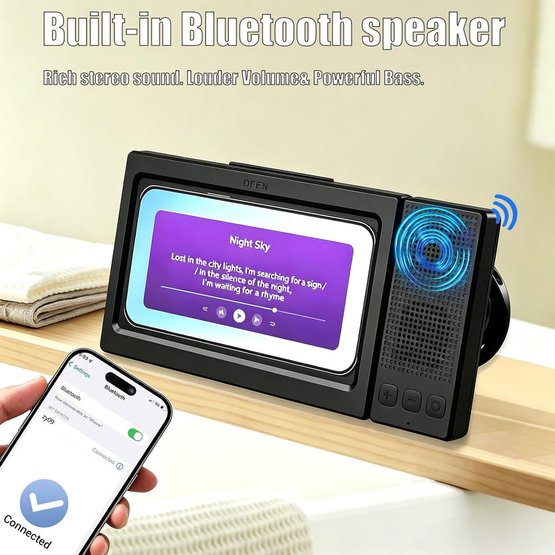 Shower Phone Holder with Wireless Bluetooth Speaker for iPhone,2026 New Waterproof 480° Rotation Adjustable Shower Phone Case Accessories, Wall Phones Mount Stand Speakers for Bathroom Mirror Black-Z09