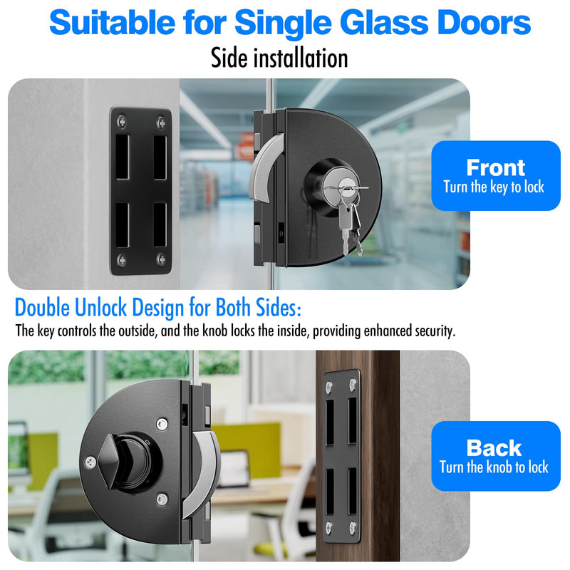 Ranbo Frameless Double-Sided Sliding/Pull Push Glass Door Lock, No-Drill, 304 Stainless Steel, for 3/8"-1/2''(10mm-12mm) Glass, Office, Commercial, Store, Entrance Doors, 3 Keys, Brushed Black LE-160 Brushed Black