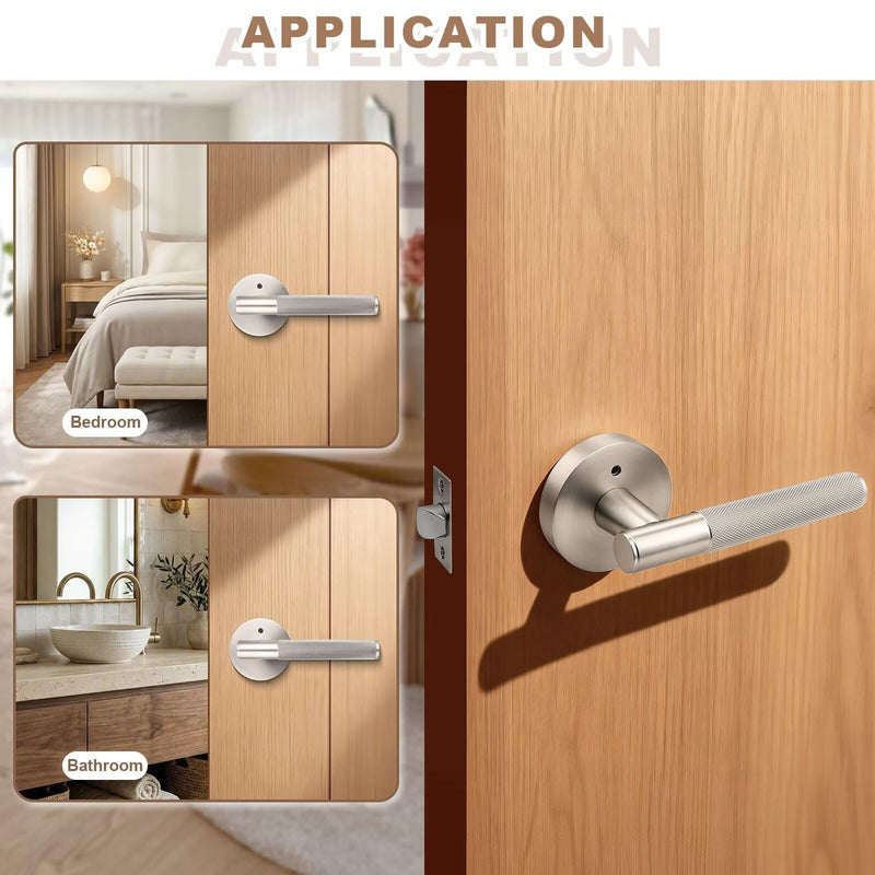 Brushed Nickel Privacy Door Handles, Sliver Interior Door Levers for Bathroom and Bedroom, Knurled Keyless Satin Nickel Door Knob, Reversible for Right & Left Side, 1 Pack Privacy Door Handle