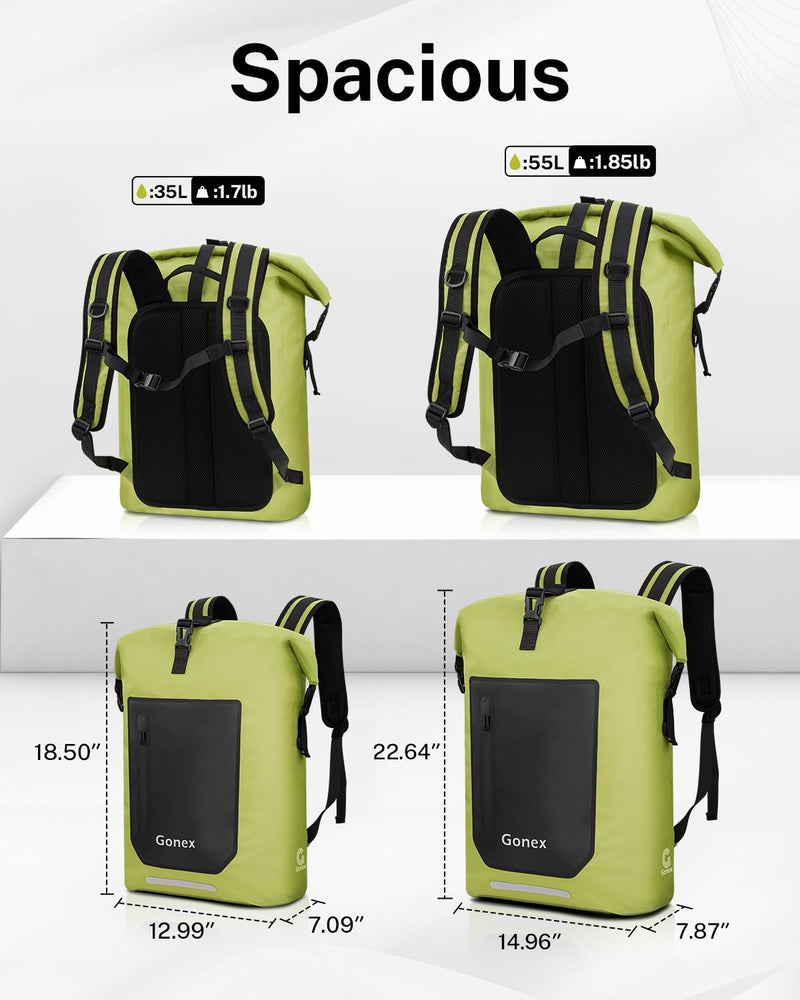 Gonex Waterproof Ultralight TPU Backpack 35L Roll Top Dry Bag, Kayaking | Back Padding, Camping, Fishing, Travel, Adjustable Straps, External & Internal Storage Pockets, Green