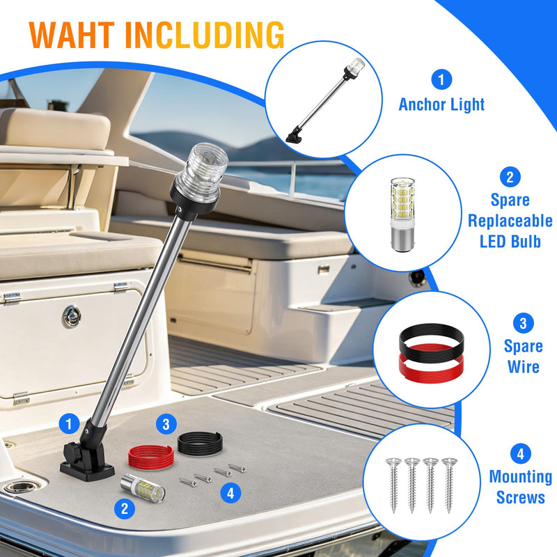 25 Inches Boat Stern Light Anchor Light, White Folding Rear Boat Running Lights, Waterproof Marine Navigation Lights for Boats LED for Small Boats (12-24V) 25 Inches