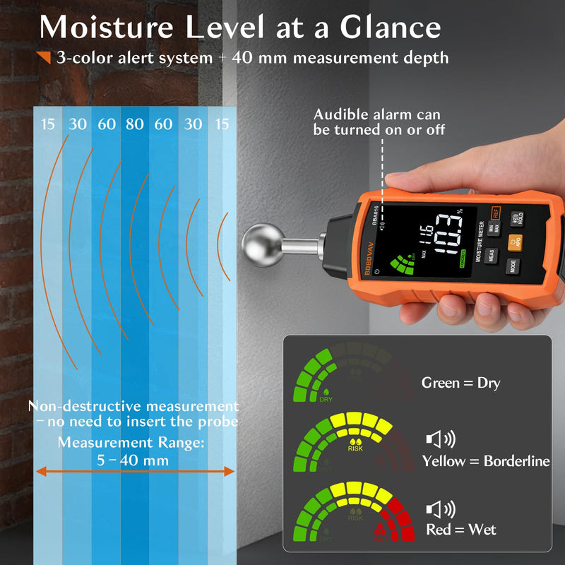 Moisture Meter with Ball Probe, 5–40mm Detection, 5 Modes, 3-Color Display with Sound Alarm, REF Function & Data Hold – Pinless Moisture Meter for Wood, Walls, Floors, Concrete & Cement