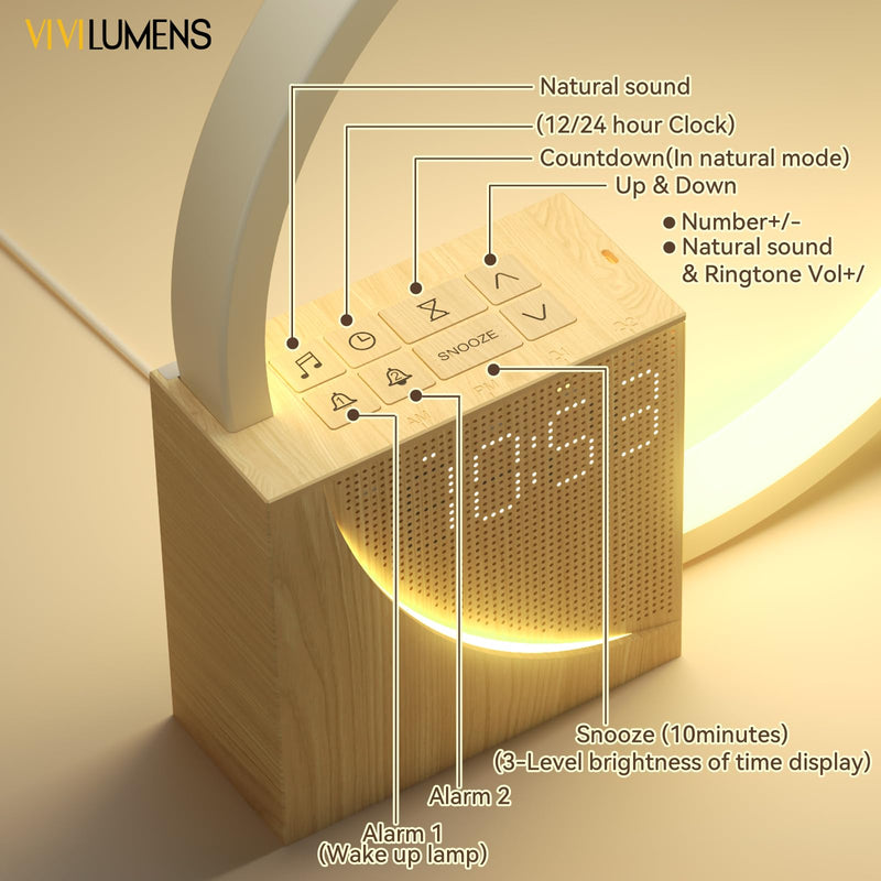 Vivilumens Sunrise Alarm Clock for Heavy Sleepers Adults, Wake-up Light, Sleep Aid 10 White Noise Sound Machines with 30/60/90 Timer, 3 Level Dimmable Touch Table Lamp with Snooze USB Charger Port Wood Grain