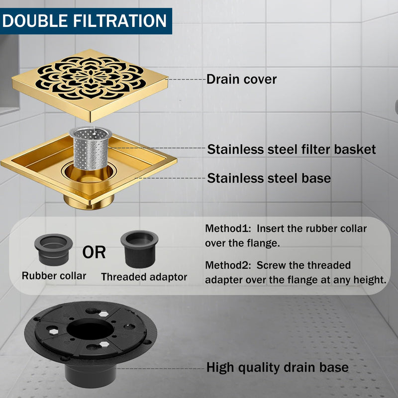 6 Inch Shower Drain, Square Shower Floor Drain Kit with Flange and Removable Cover Grate, AISI 304 Stainless Steel, Brushed Gold 6 inches