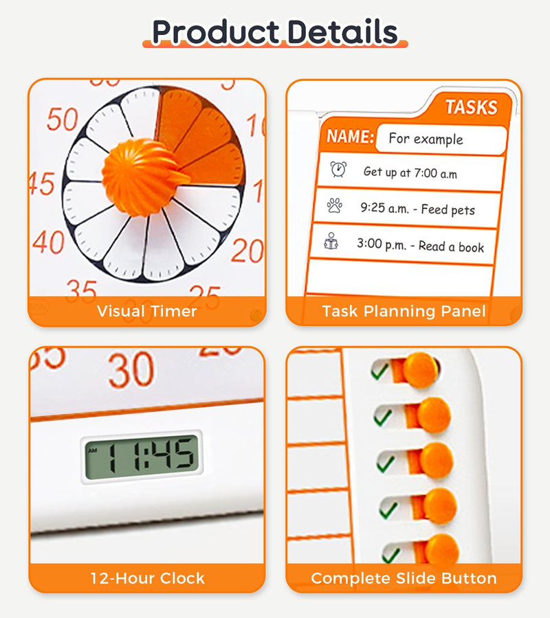 3-in-1 Visual ADHD Timer for Kids & Adults with Planning Board, Task Timer, Chore Chart & Visual Schedule Planner, Autism & ADHD Tools with Checklist for Classroom, Homeschool Supplies, Home, School Orange_white