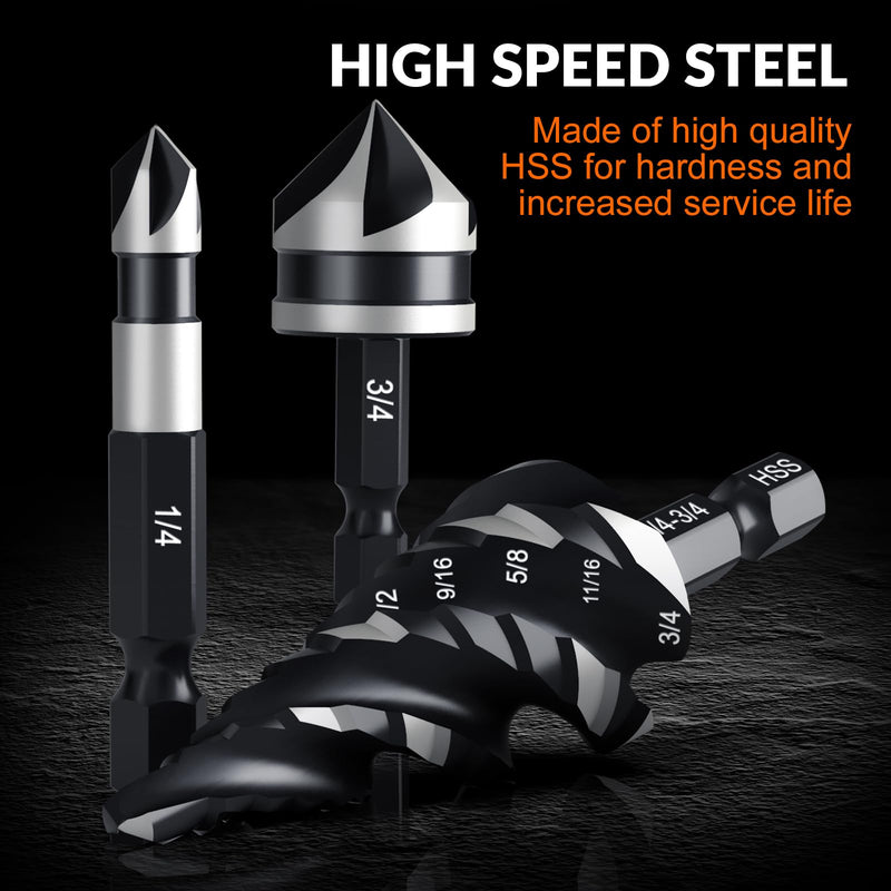 THINKWORK 5 Pcs Four Spiral Flute Step Drill Bit Set & 5 Pcs Countersink Drill Bits with Tool Box, Nitriding HSS Drill Bits for Metal, Aluminum, Wood, Plastic 1/8"-1-3/8" (10Pcs)