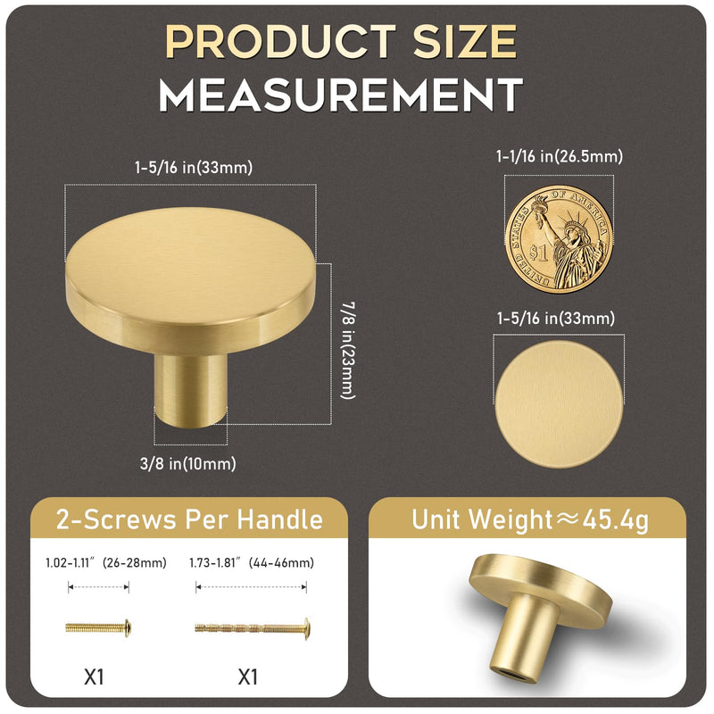 Yiking Soild Brass Brushed Gold Cabinet Knobs - Heavy Duty Real Brass Dresser Knob,Modern Round Gold Closet Door Pulls Small Gold Hardware for Kitchen Bathroom Bedroom Furniture 4pcs 1-5/16in 4pcs 1-5/16"(33mm)