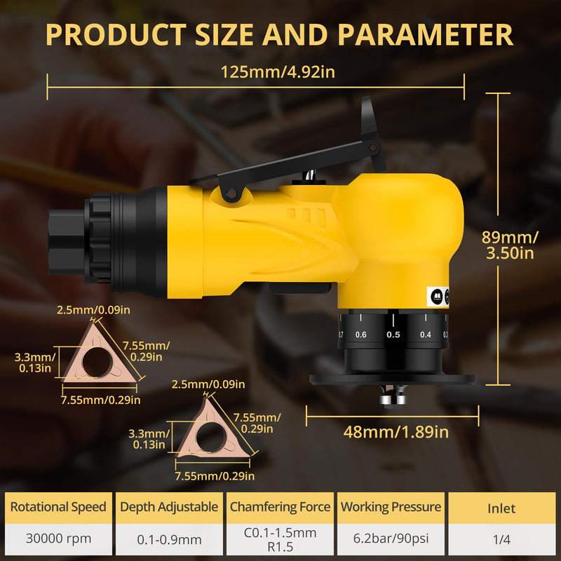 AMTOVL Pneumatic Chamfering Tool - Mini Air Chamfer Tool with 6 C-Angle & 6 R-Angle Blades, 45° 30000 RPM Chamfering Tool for Metal and Wood with 1/4" Air Inlet Yellow