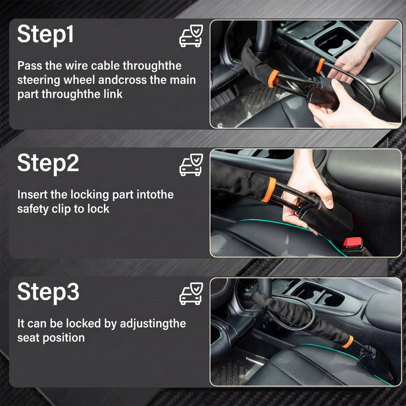 1 Pack Car Steering Wheel Lock Anti-Theft Device, 25.6" Heavy Duty Braided Steel Cable Lock with 3 B-Grade Keys Cut-Resistant Security with Sleeve for Car SUV Van Golf Cart (Black) 1 Black