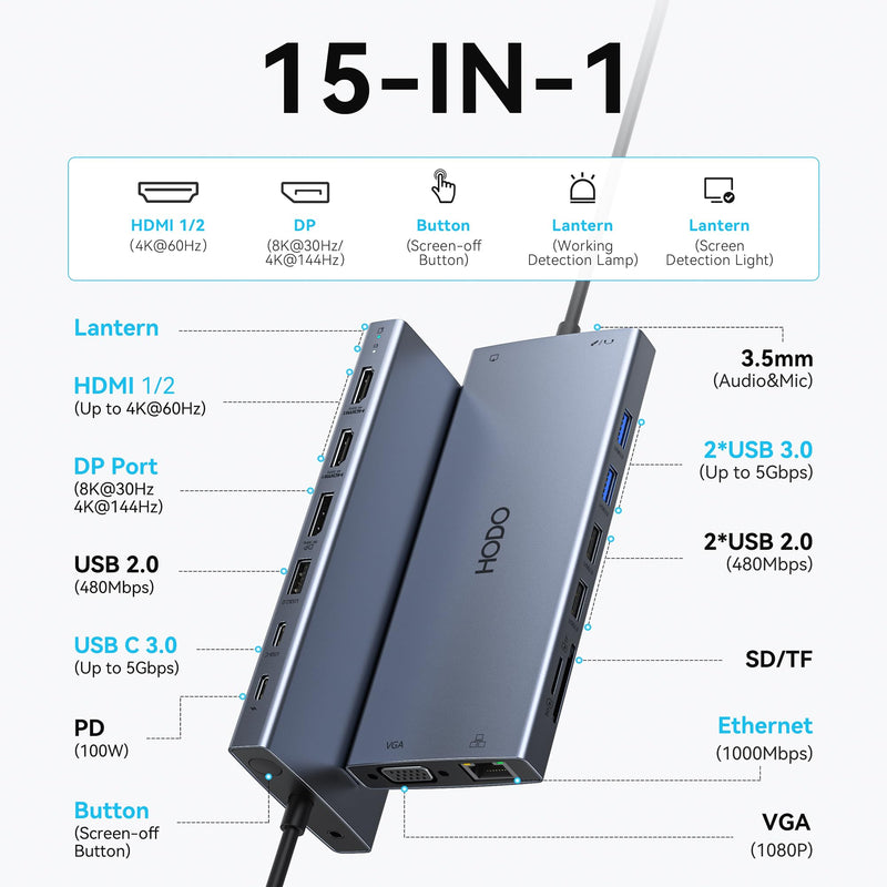 USB C Docking Station Dual Monitor for HP,Laptop Docking Station 3 Monitors | USB C Hub Dock with Dual 4K HDMI+8K DP+VGA+6USB+PD+Ethernet+SD/TF,USB C Adapter 15 in 1 Computer Docking Station for Dell 15-in-1((Gray)