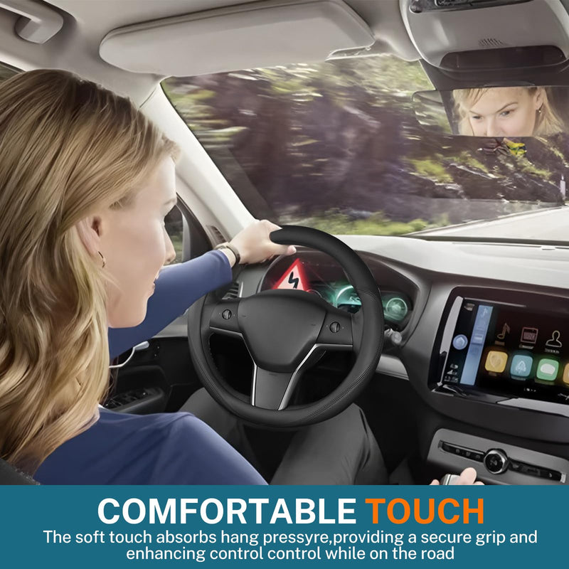 Leather Steering Wheel Cover Custom-Fit for Tesla Model 3/Y 2016-2026, Comfort Grip Design Breathable and Non-Slip, Model 3/Y Car Steering Wheel Protector, Tesla Accessories,Black(A-Style, for Tesla) A-Style