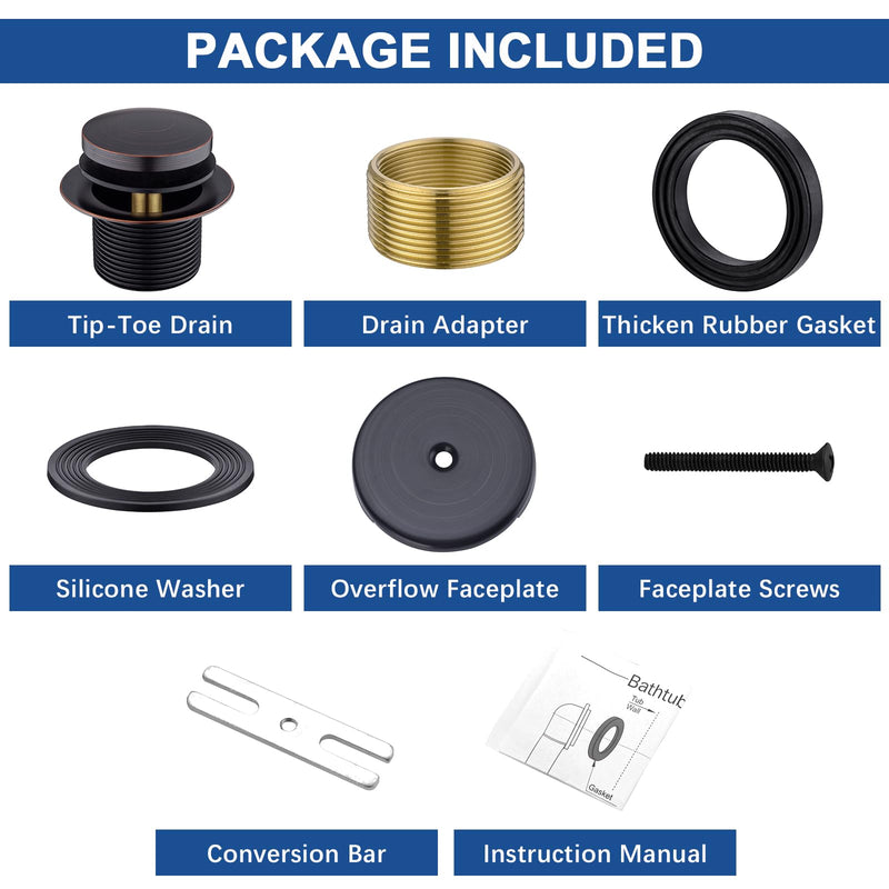 Brass Tip-Toe Tub Drain Kit, Oil Rubbed Bronze Tub Drain and Overflow Kit with Single Hole 1-hole