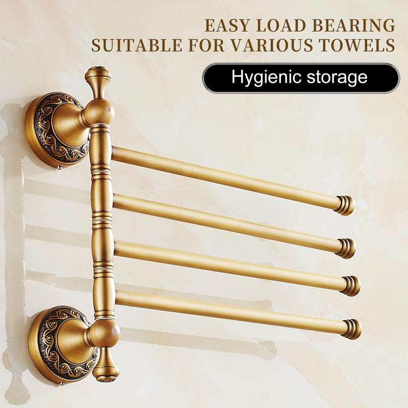 Wall Mounted Bathroom Folding Towel Rack, 4 Towel Bars Antique Brass Pattern Carving,Brushed Bronze Folding 4 Towel Rack