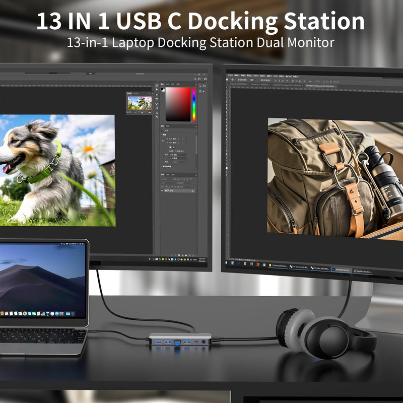 Docking Station 3 Monitors for HP/Dell/Lenovo/MacBook Laptop,13 in 1 USB C Hub, Computer Docking Station for Laptop with Dual HDMI,VGA,USB 3.0,Fast Charging Port,SD/TF Card Reader,3.5mm Audio